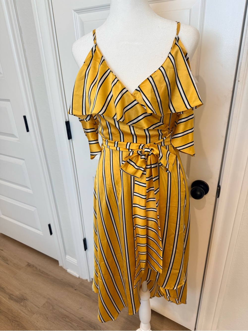Yellow Striped Ruffle Wrap off shoulder Dress with Belt